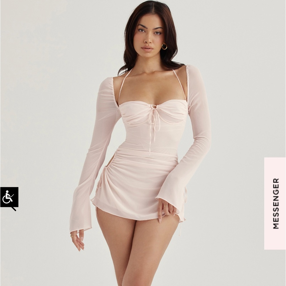 BABY PINK QUARTZ CHIFFON CUTOUT HALTER MINI DRESS